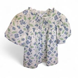 Voy Women Floral Eyelet Puff Sleeve Blouse, keyhole neck, white blue green Sz S